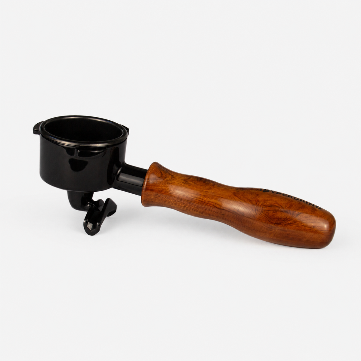 A coffee portafilter with a glossy black metal body and a curved brown wooden handle, shown on a light gray background.