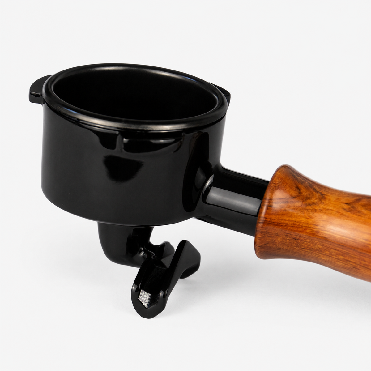 A glossy black portafilter holder with a brown wooden handle, shown on a clean white background.